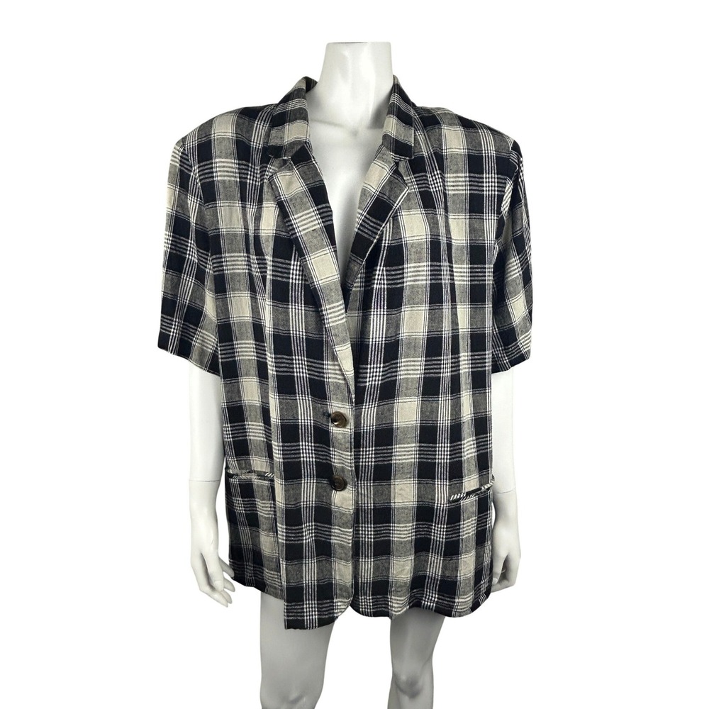 Requirements Blazer Womans 26W Linen Plaid Black Ivory Lined Short Sleeve USA
